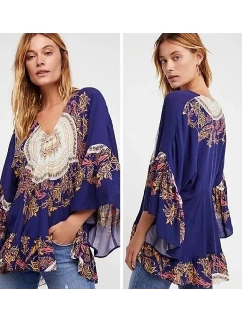 Free People Med Sunset Dream Ruffle Boho Bell Sleeve Top Navy Pink Medallion*Rea